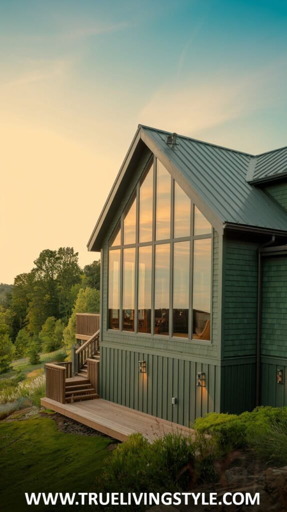 Green house exterior with a large window wall, a metal roof, and a wooden deck overlooking a landscape.