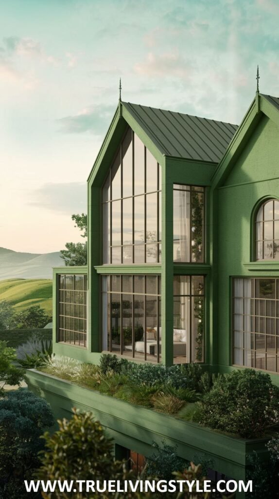 Large green house exterior with expansive windows and a green roof, situated in a hilly landscape.