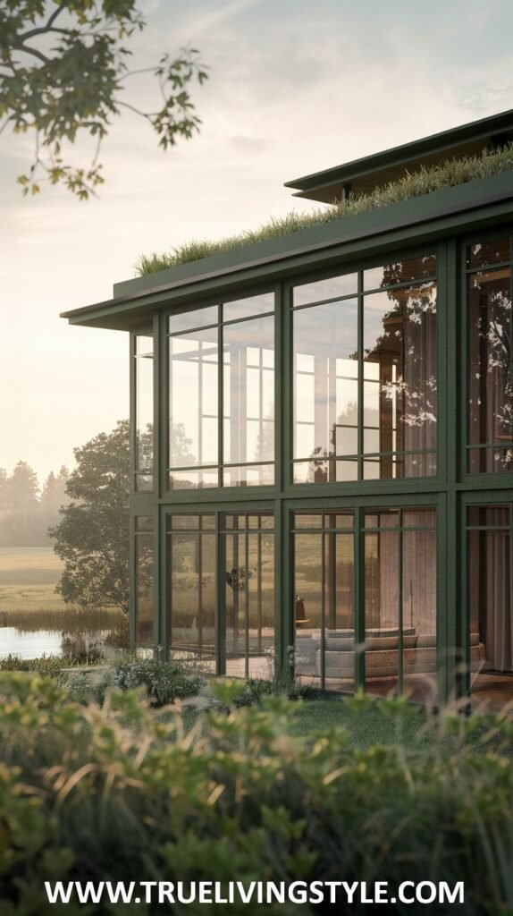 Modern green house exterior with floor-to-ceiling windows and a green roof, by a body of water.