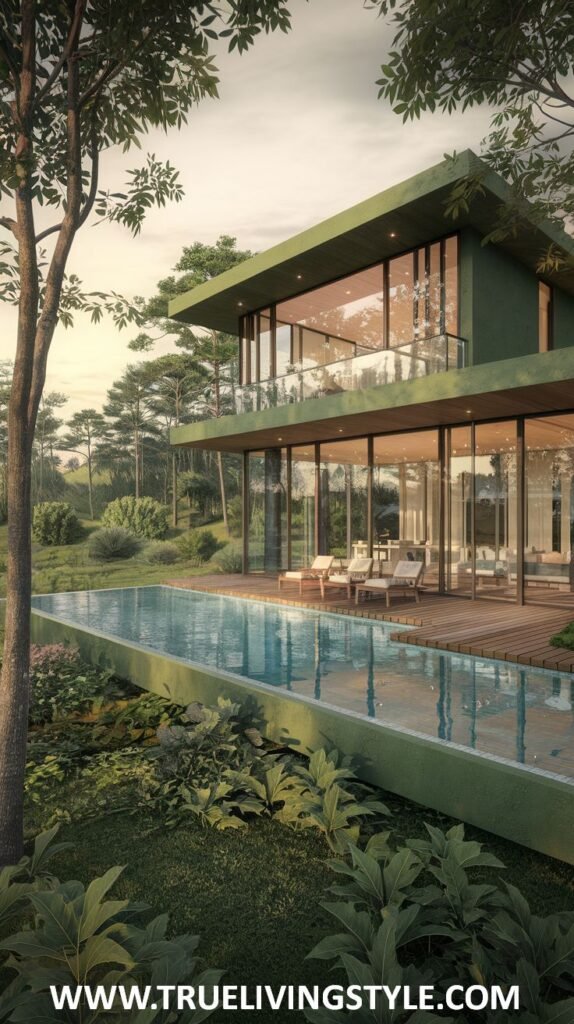 Contemporary green house exterior with large windows, a flat roof, and a long pool in the foreground.