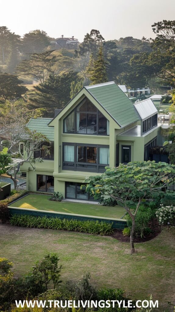 Elevated view of a large green house exterior with multiple levels and surrounding trees.