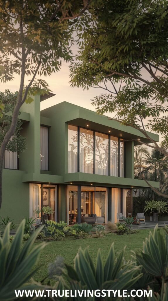 Modern green house exterior with large windows and a flat roof, surrounded by lush greenery.