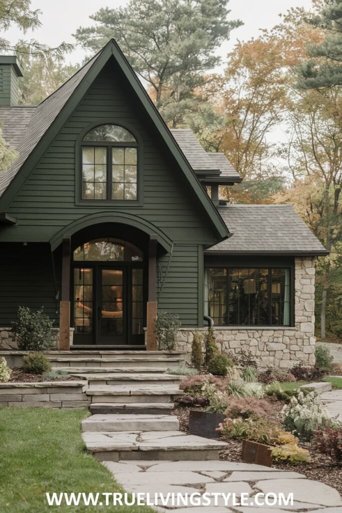 Dark green house exterior with stone accents around the windows and an arched entryway.