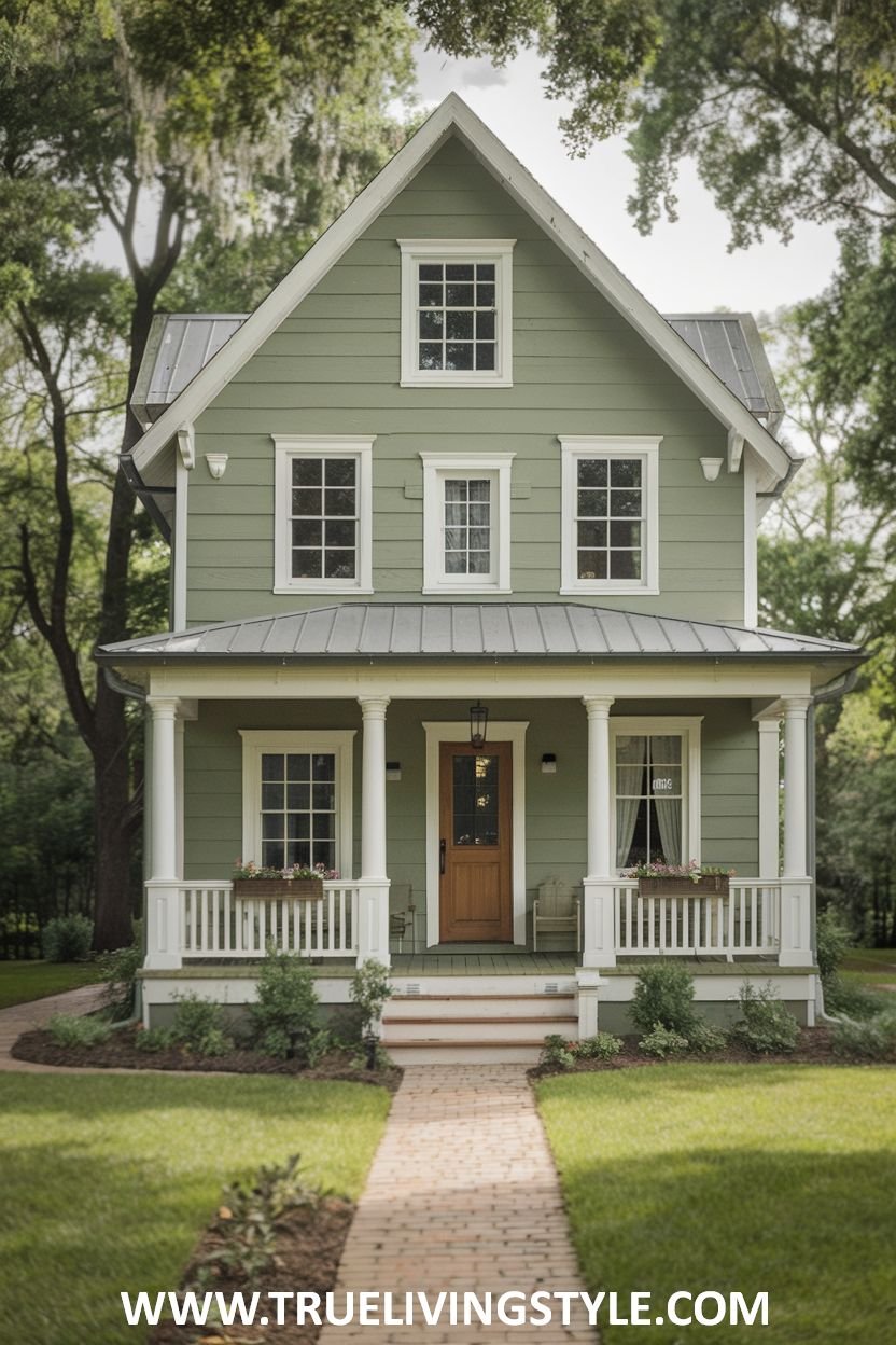 Two-story light green house exterior with white trim, a front porch with white columns, and a brick walkway.