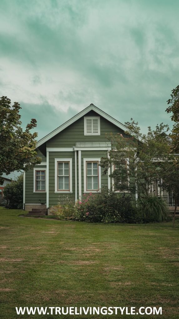 Green house exterior with white trim around the windows and a cloudy sky above.