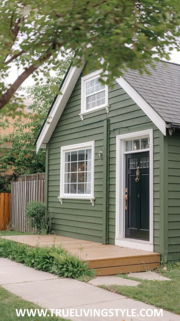 Green house exterior with a black front door, white window frames, and a small wooden porch.