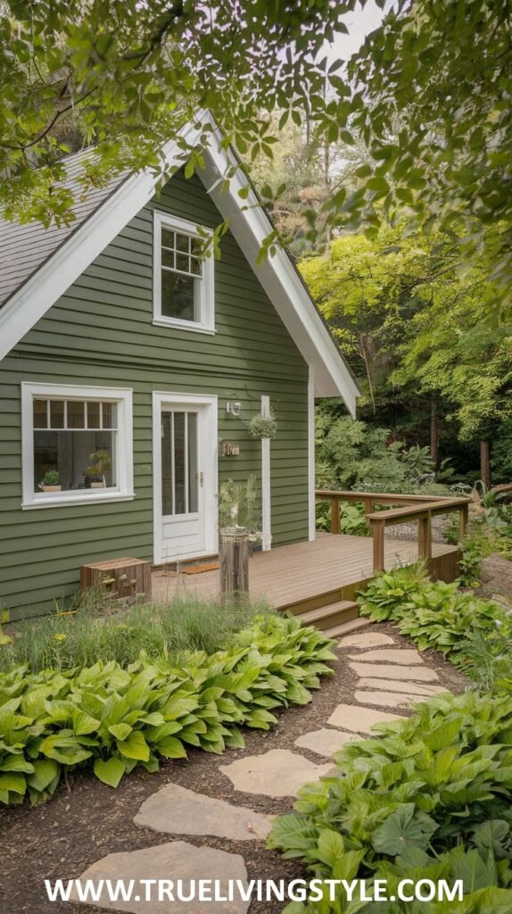 Green house exterior with white trim, a white door with glass panes, and a wooden deck leading to a stone pathway.