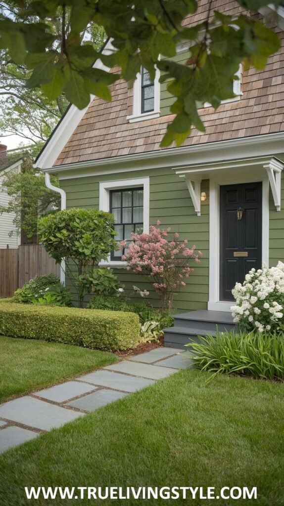 Green house exterior with white trim, a black front door with a small canopy, and landscaping.
