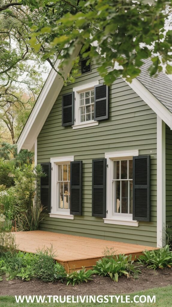 Green house exterior with white trim and black shutters on the windows, next to a wooden deck.
