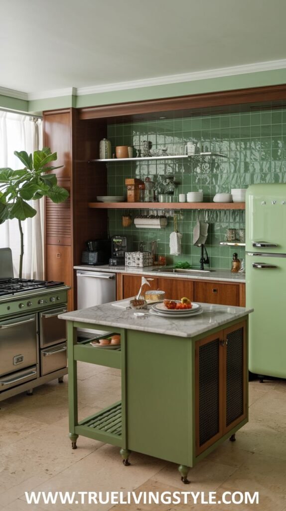 An eclectic green kitchen combining open wooden shelves with green lower cabinets, a rolling kitchen island with a marble top and mesh sides, different countertop materials, and a retro-style refrigerator.