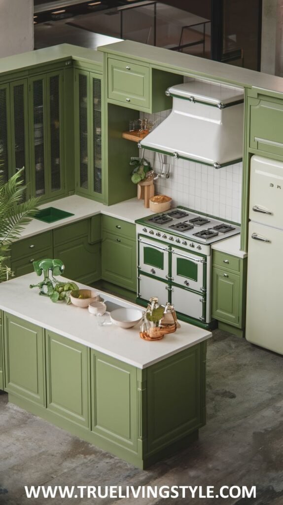 An olive green kitchen features a central island, a traditional white and green range cooker, olive green cabinets, a white farmhouse sink, and a stainless steel refrigerator.