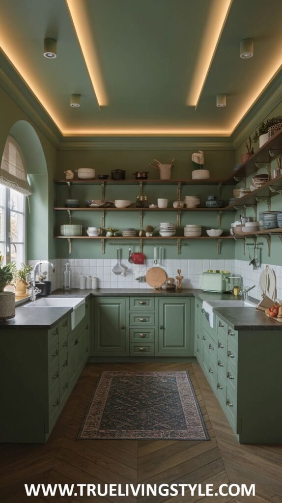 A cozy green kitchen with soft green cabinets, extensive open wooden shelving displaying kitchenware, warm integrated ceiling and shelf lighting, a white tiled backsplash, and a dark rug on a wooden floor.