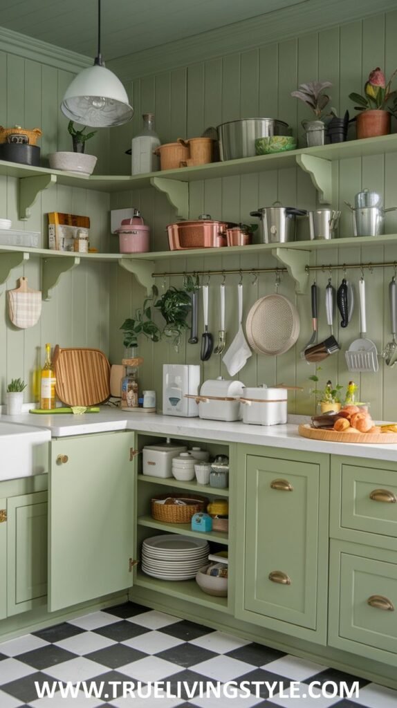 A light green kitchen with light green cabinetry, a black and white checkerboard floor, open wooden shelves, and a white countertop with a sink.