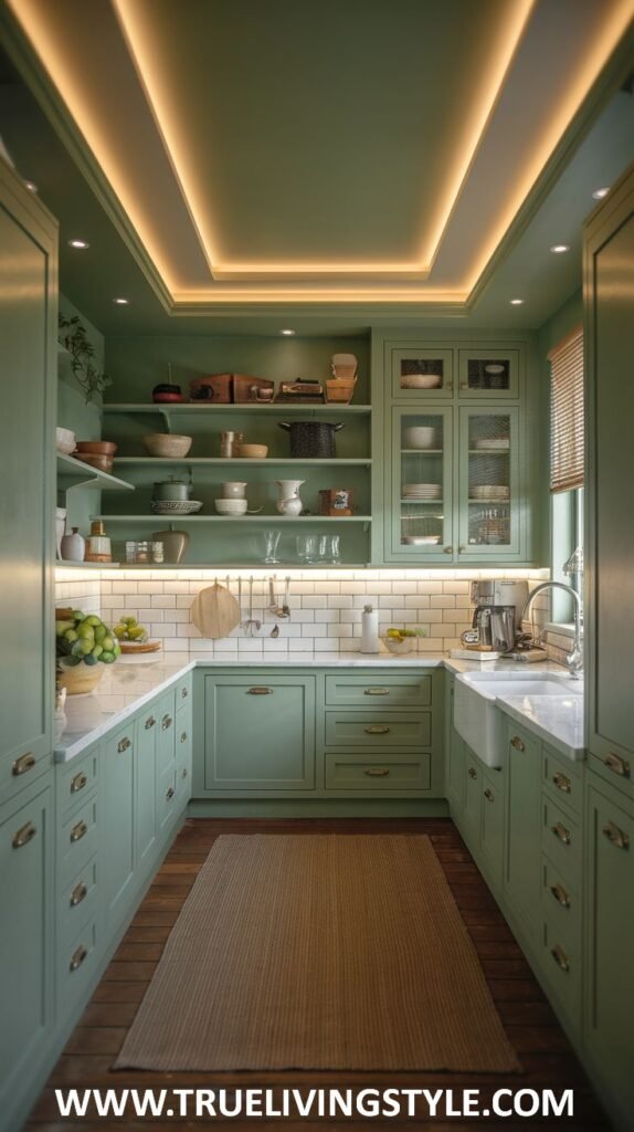 An elegant green U-shaped kitchen showcasing sophisticated green raised panel cabinets, elegant marble countertops, open shelving, glass-fronted cabinets, and warm ceiling lighting.