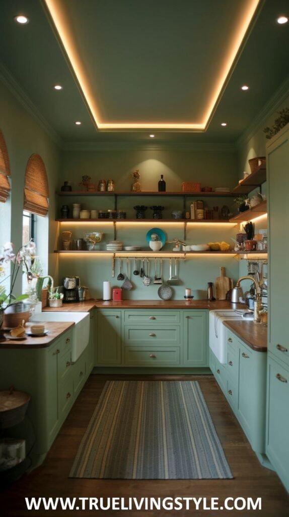 A bright kitchen with vibrant green base cabinets, wooden countertops, rustic open shelving, a farmhouse sink, and various potted plants.