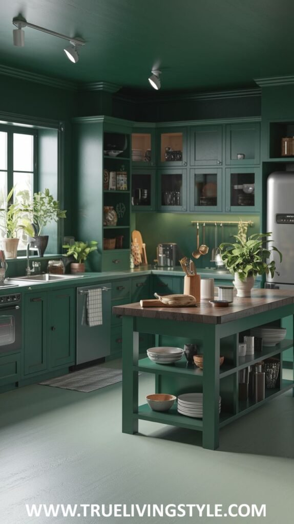 A dramatic deep forest green kitchen featuring deep forest green cabinetry, walls, and ceiling, along with a kitchen island with a dark wooden countertop and stainless steel appliances.