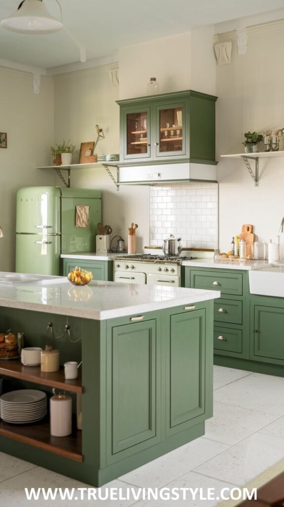 A light olive green kitchen with light olive green cabinets, a classic light green Smeg refrigerator, a central island with a white countertop, open shelves, and a glass-fronted upper cabinet.