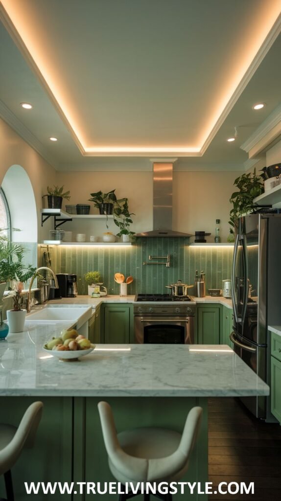 A modern green kitchen with sleek, flat-panel green cabinetry, a prominent stainless steel range hood, a large central island with a white countertop, open shelving, and recessed lighting.
