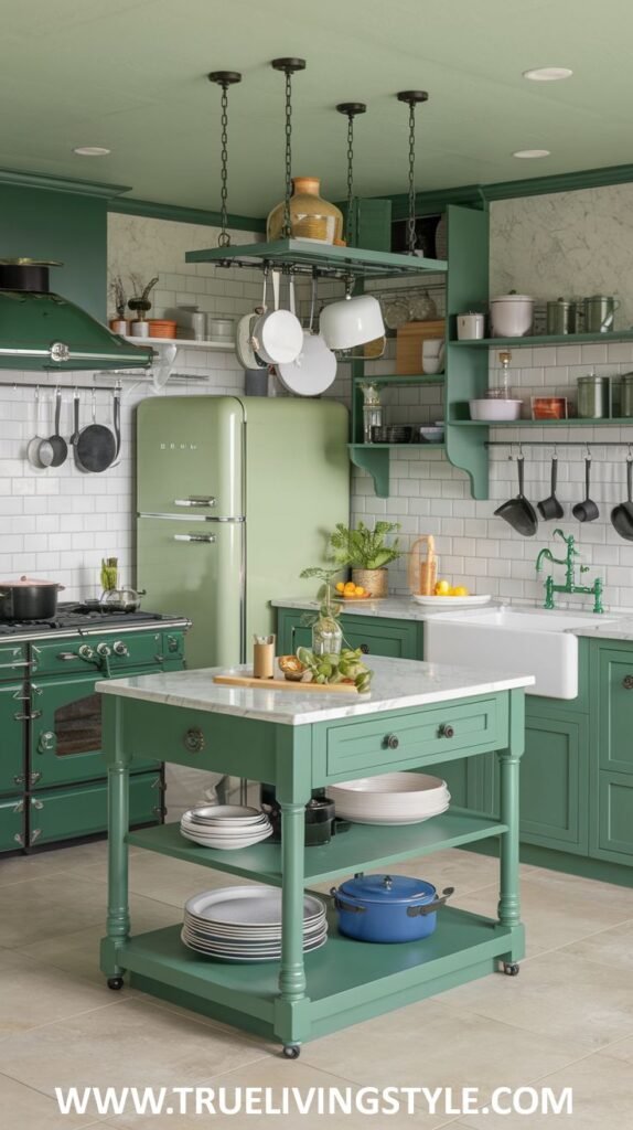 A charming green kitchen with light green cabinetry, a mobile kitchen island with a marble countertop, a white farmhouse sink, open shelving, and pendant lights above the island.