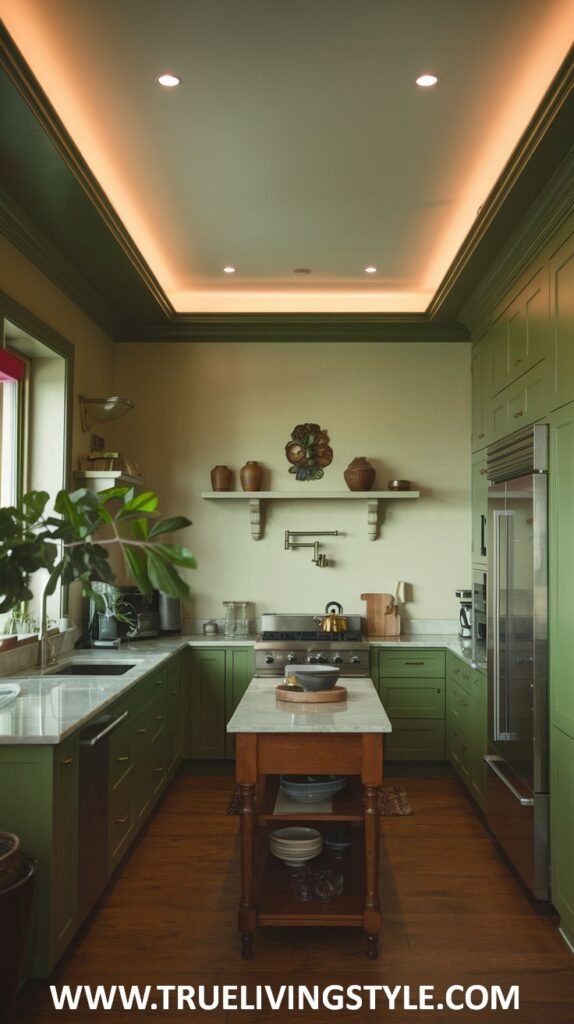 A cozy green galley kitchen with green cabinets along two walls and a small central rolling island with a light countertop and open shelving.