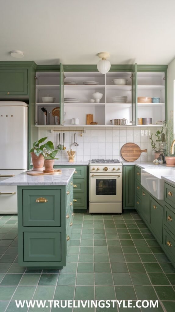 A fresh green kitchen presenting a fresh shade of green on the cabinets, a matching green tiled floor, a central island with a white countertop, open shelving, and glass-fronted upper cabinets.