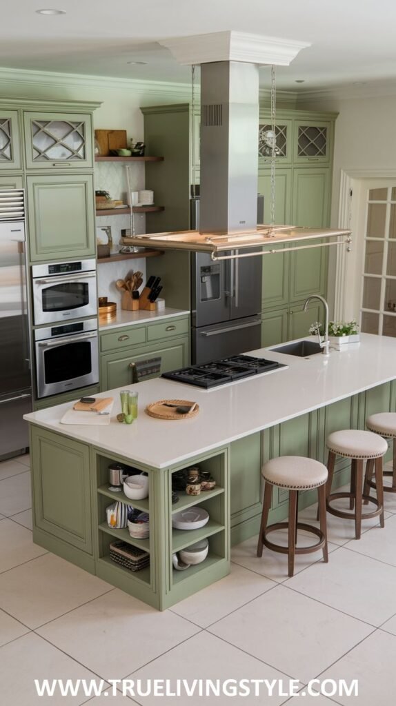 A sleek light green kitchen with handleless light green cabinets, a large central island with a white countertop and seating, built-in stainless steel appliances, and a contemporary range hood.