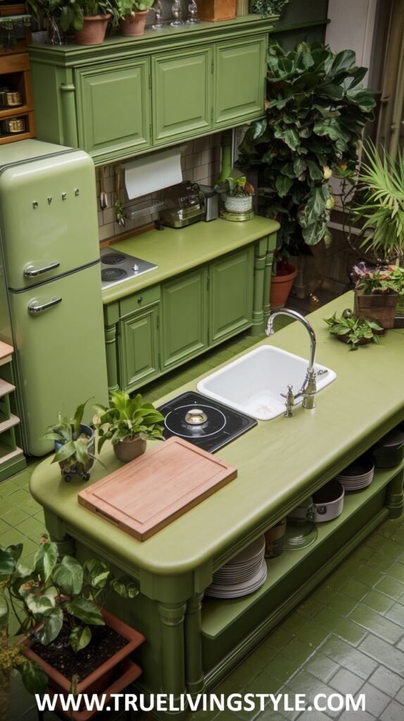 A vibrant green kitchen showcasing bold and vibrant green cabinetry, extensive countertop space, a large island, a white farmhouse sink, and various potted plants.