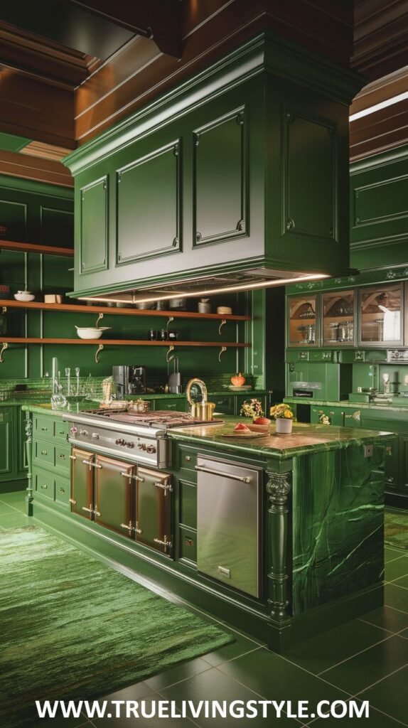 A luxurious dark green kitchen featuring richly detailed dark green cabinetry, a striking wood and metal range hood, a central island with a light countertop, and open wooden shelves.