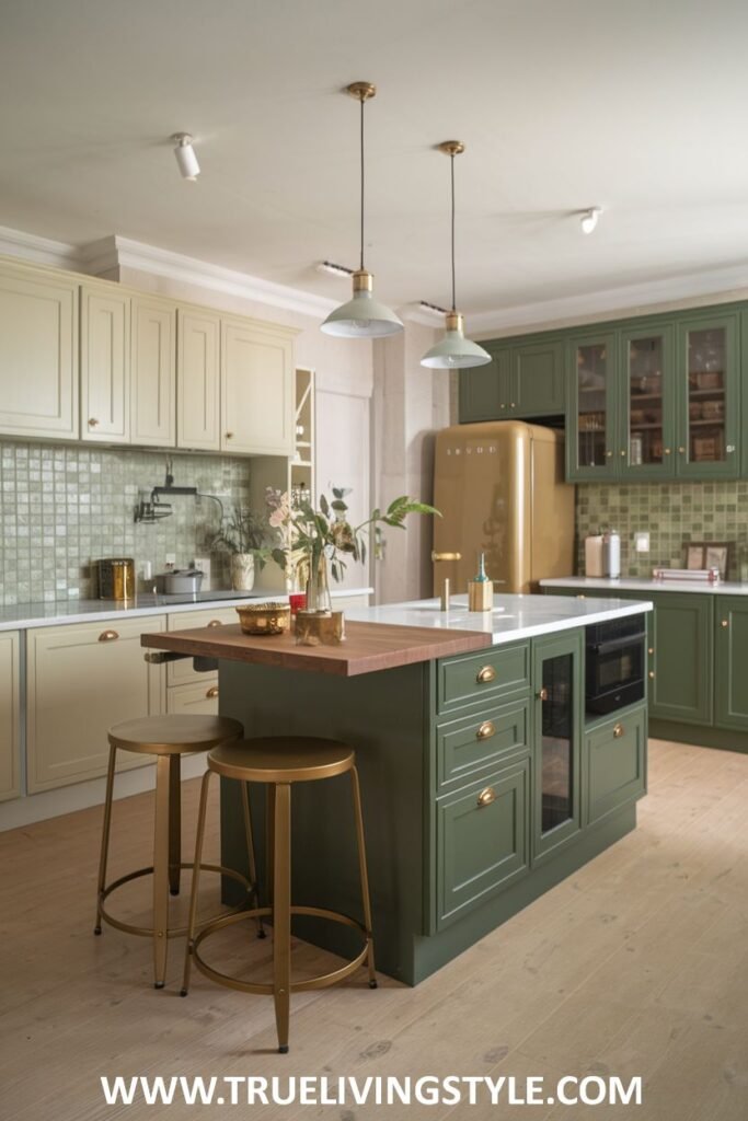A two-tone kitchen combining cream-colored upper cabinets with green lower cabinets, a central island topped with wood, a mix of open shelving and glass-fronted cabinets, and brass bar stools.