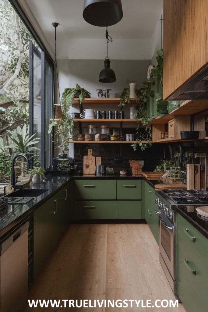 A naturally lit green kitchen with green base cabinets, open wooden shelves, contrasting black countertops, large windows, and potted plants.