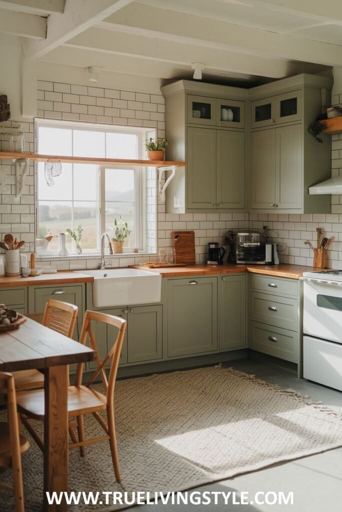 A muted green kitchen featuring calming muted green cabinetry, a white farmhouse sink, wooden countertops, a simple wooden dining table and chairs, open shelves, and white subway tiles.
