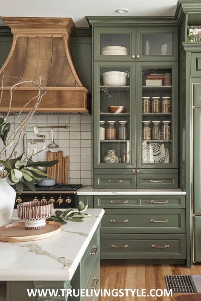 An elegant green kitchen with refined green raised-panel cabinets (some with glass fronts), luxurious marble countertops, and a wooden range hood.