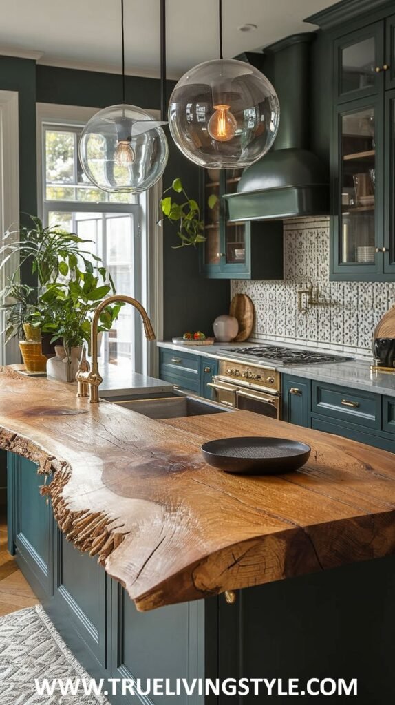 A modern dark green kitchen featuring striking dark green cabinetry, a unique live-edge wooden kitchen island, pendant lighting, and open shelves.