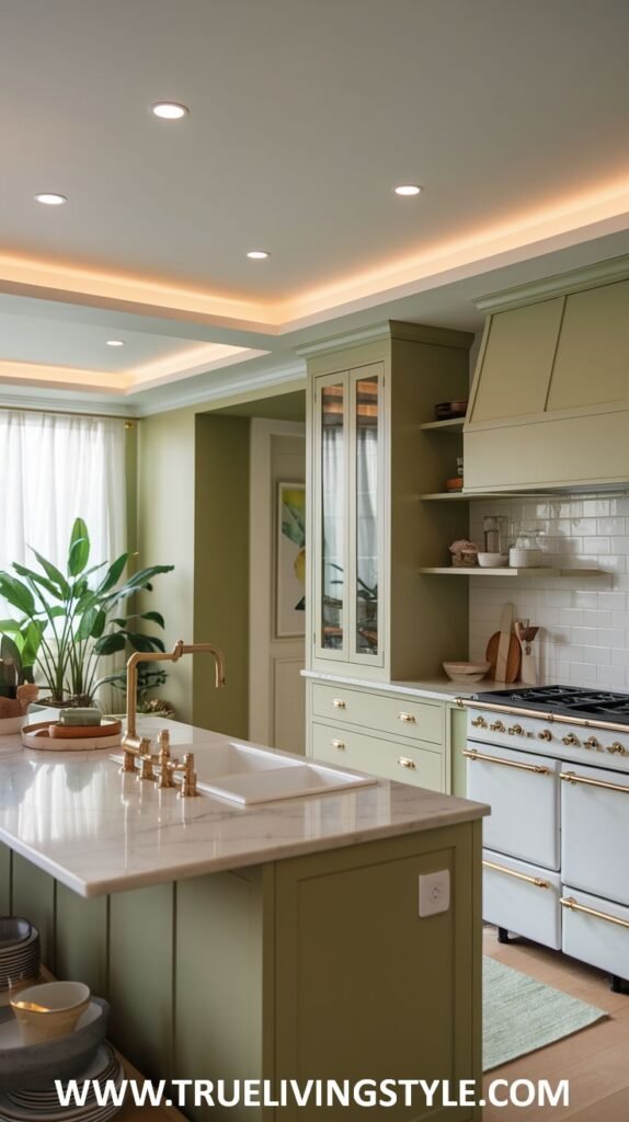 A bright and airy light green kitchen with a central island featuring a white countertop and brass fixtures, along with light green cabinets and glass-fronted upper cabinets.