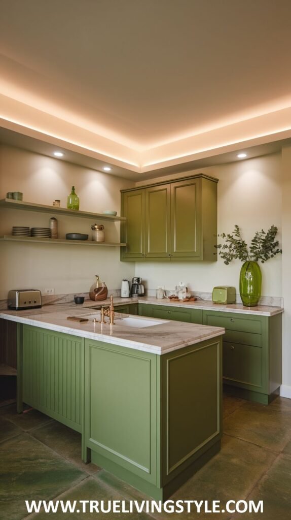 A tranquil light green kitchen with a central island featuring a white countertop, light green cabinetry, and open shelving, creating a serene atmosphere.
