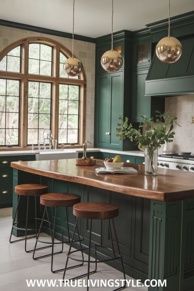 A sophisticated dark green kitchen featuring a large arched window, a central island with a warm wooden countertop, pendant lighting, and rich dark green cabinetry.