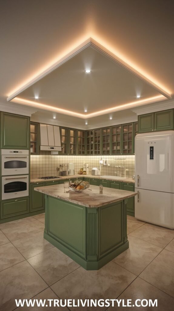 An elegant green kitchen with a large central island featuring a light countertop, surrounded by green cabinetry and integrated appliances, along with glass-fronted upper cabinets and ambient lighting.