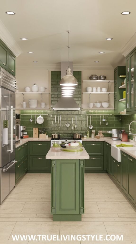 A functional green U-shaped kitchen with ample countertop space, green cabinets, open shelving, a central island, white subway tiles, and a stainless steel range hood.