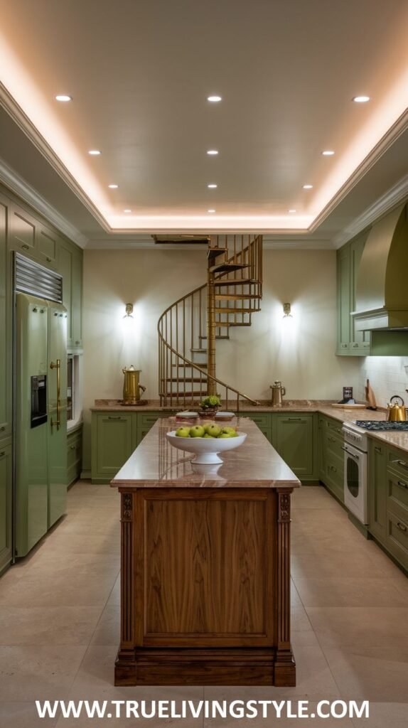 A bright green kitchen featuring striking bright green cabinets, a dark wooden kitchen island, a spiral staircase visible in the background, and light countertops.