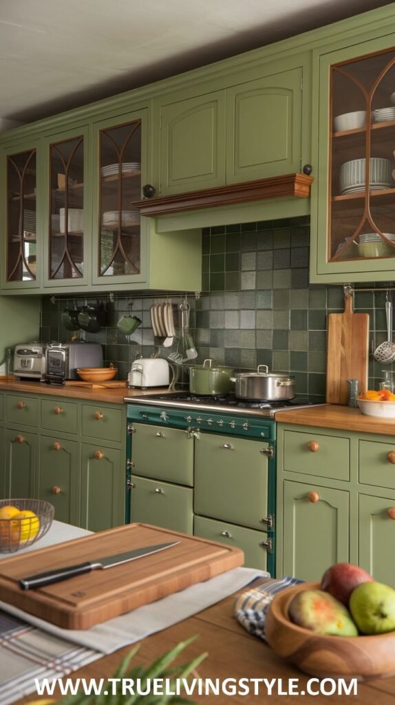 A warm green kitchen with inviting warm green cabinets, wooden countertops, glass-fronted upper cabinets, a green range cooker as a focal point, open shelving, and hanging utensils.