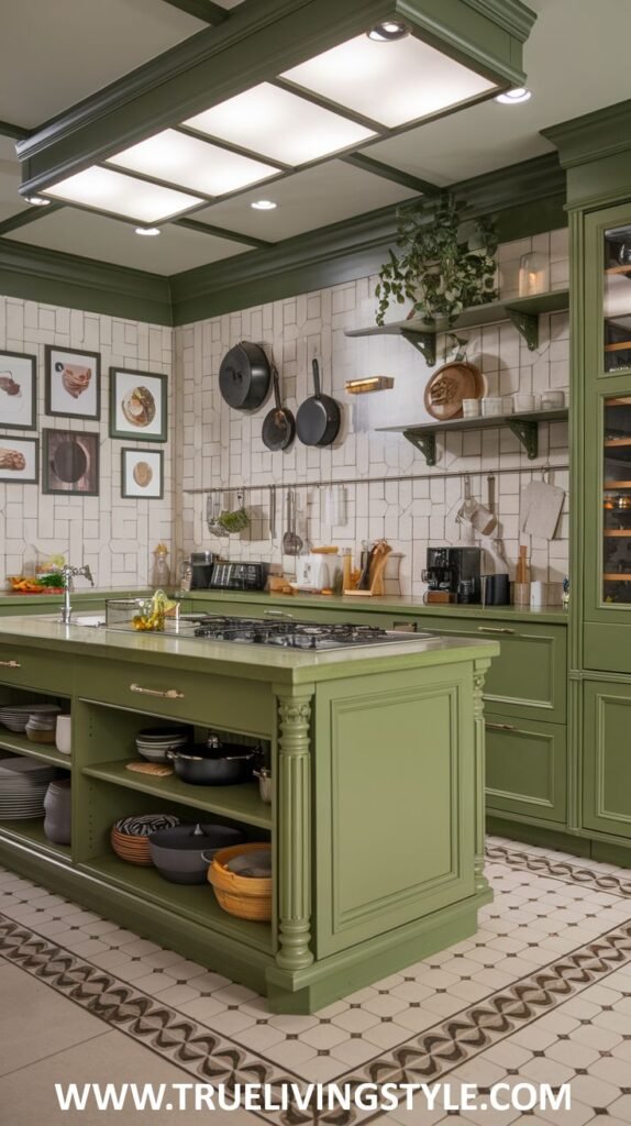 A stylish green kitchen showcasing dark green cabinetry, patterned floor tiles, a mix of closed and open shelving, and a central island with a light countertop, creating a sophisticated and modern feel.