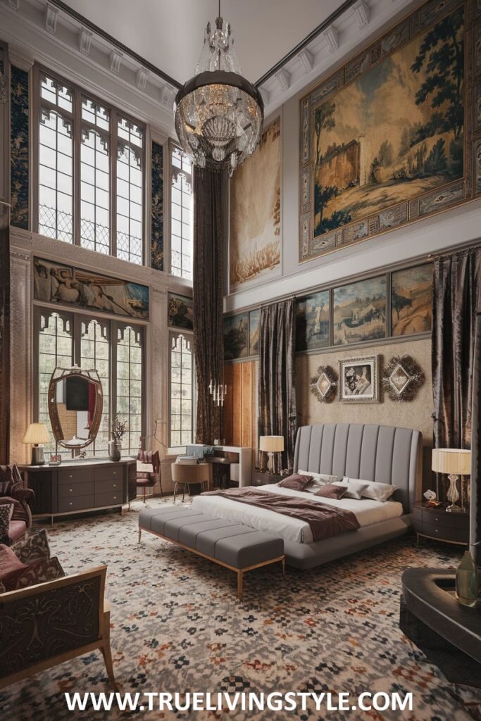 A luxurious bedroom with high ceilings, large windows, a chandelier, and detailed wall art.