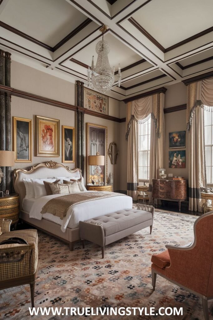 A traditionally decorated bedroom with a chandelier, multiple artworks, and a sitting area.