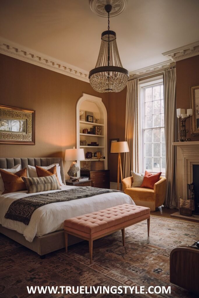 A cozy bedroom with a fireplace, a chandelier, and warm brown tones.