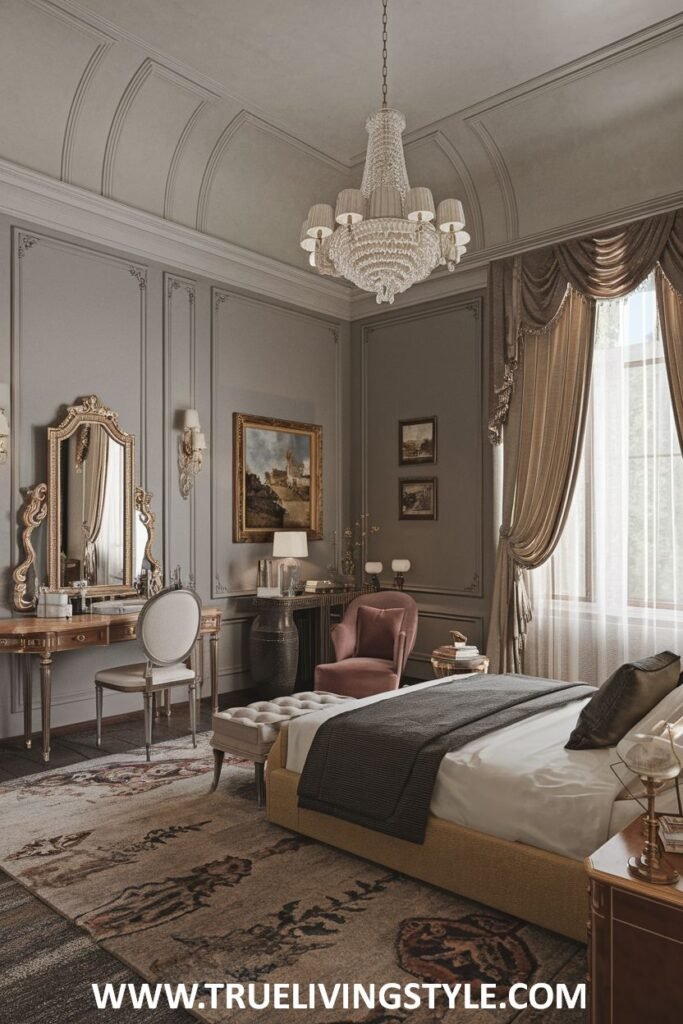 A bedroom with gray walls, a chandelier, and classic-style furniture.