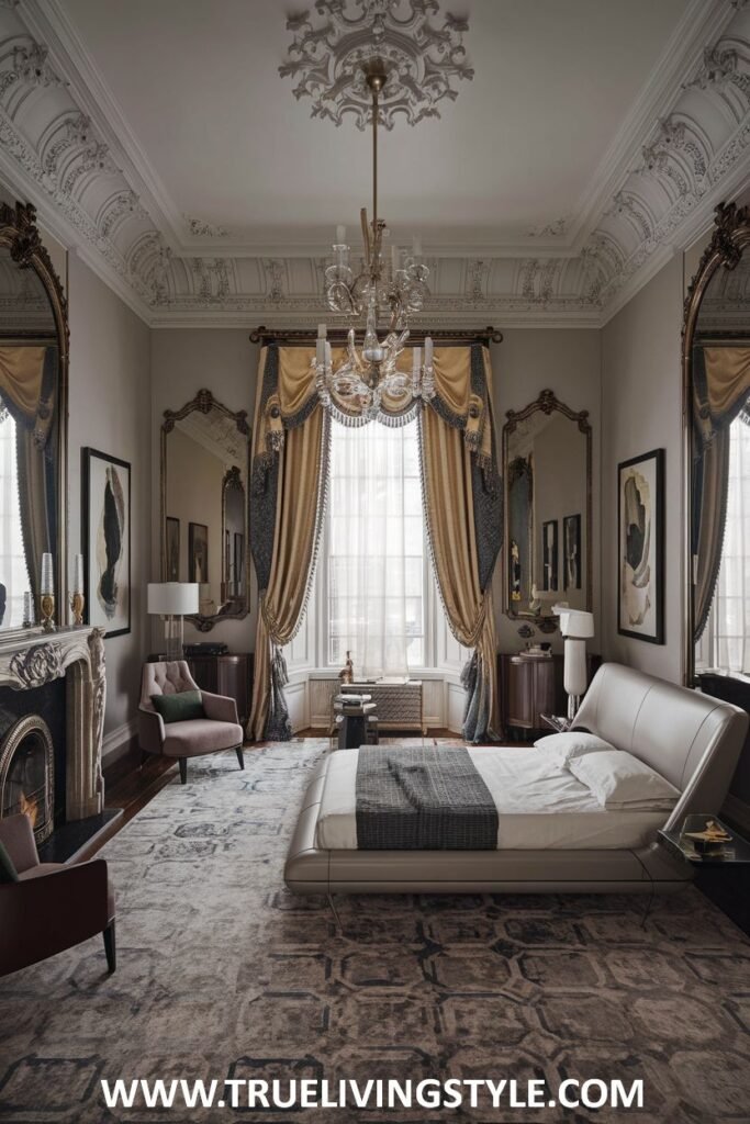 A bedroom featuring a fireplace, chandelier, and a large window with detailed curtains.