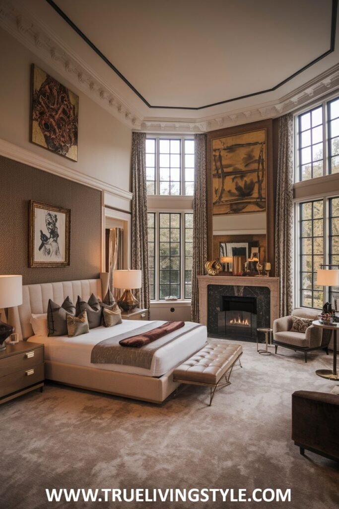 A modern bedroom with a fireplace, large windows, and neutral tones.