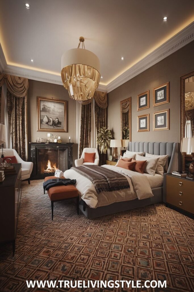 A traditionally decorated bedroom with a fireplace, chandelier and warm color scheme.