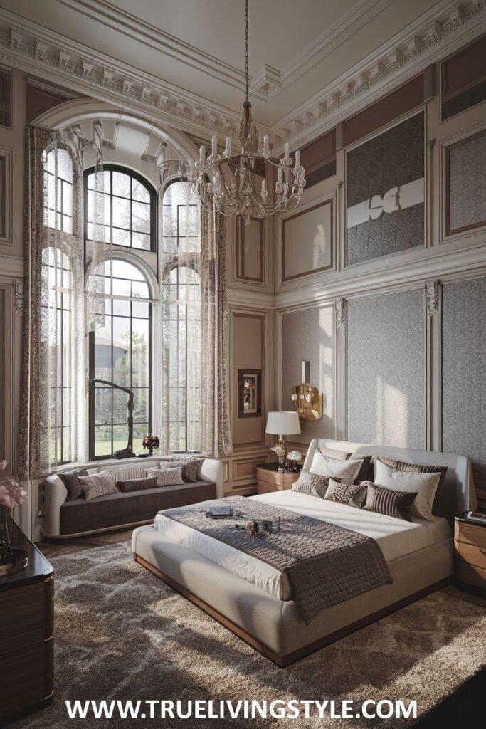 A modern bedroom with a large window, chandelier, and a neutral color palette.