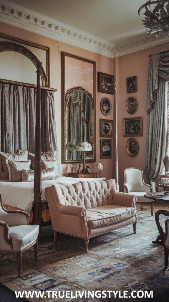 A bedroom with pink walls, traditional furniture, and multiple framed pictures.